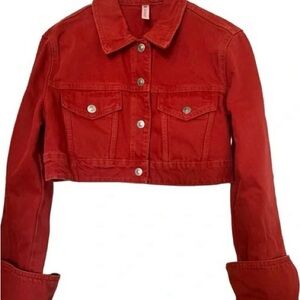 ZARA Cropped Denim Jacket in Red Size XL NWT